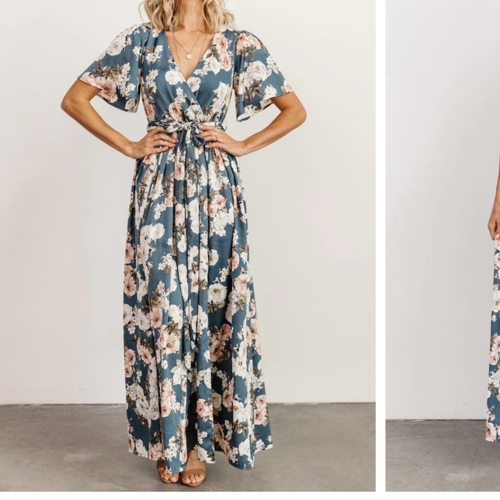 Floral Tie-Waist Maxi Dress in Dusty Blue